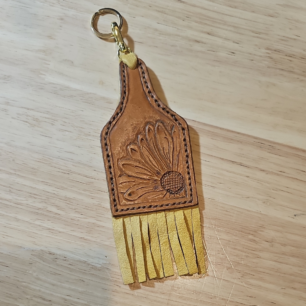 Leather Fringe Daisy Keychain - Yellow & Brown